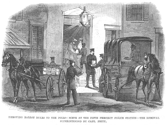 Removing Ballet Boxes to the Polls - Scene at the Fifth Precinct Police Station, the Removal Superintended by Capt. Petty