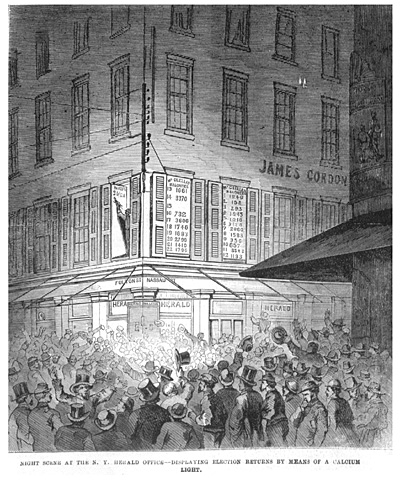 Night Scene at the NY Herald Office - Displaying the Election Returns by Means of a Calcium Light