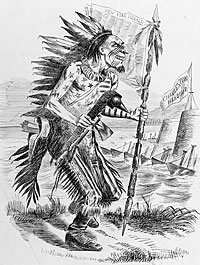 A Civil War cartoon showing James Gordon Bennett as an American Indian embellished with the Stars and Stripes
