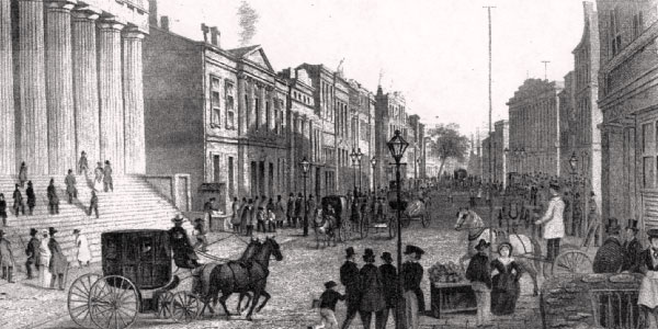 Wall Street, NY, Looking east from Nassau Street