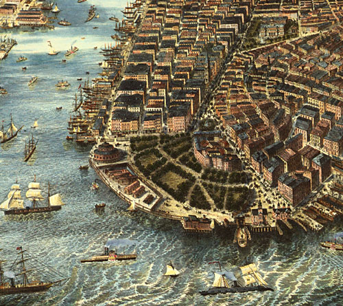 Closeup of Financial District in New York City, 1867