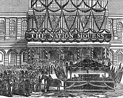 View of City Hall, with hearse bearing the remains of President Lincoln